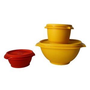 Vintage Tupperware Bowl Set With Lids Yellow Orange Durable Plastic Storage Cont